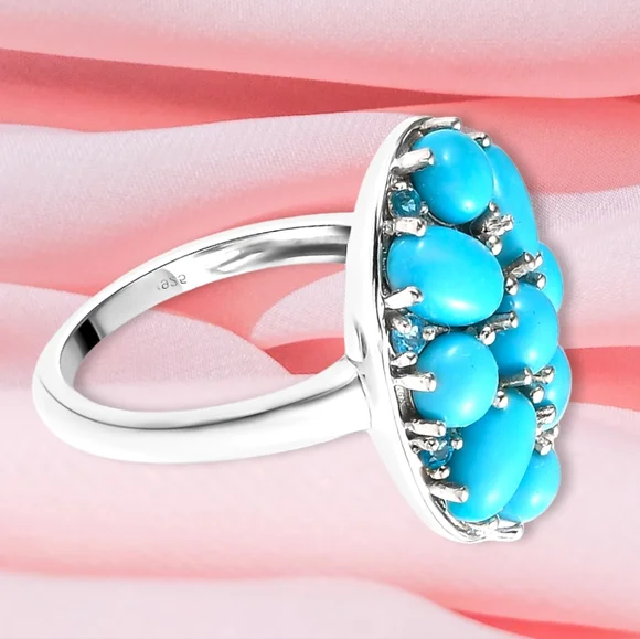NWT AMERICAN SLEEPING BEAUTY TURQUOISE & NEON APATITE PLATINUM PLATED .925 RING